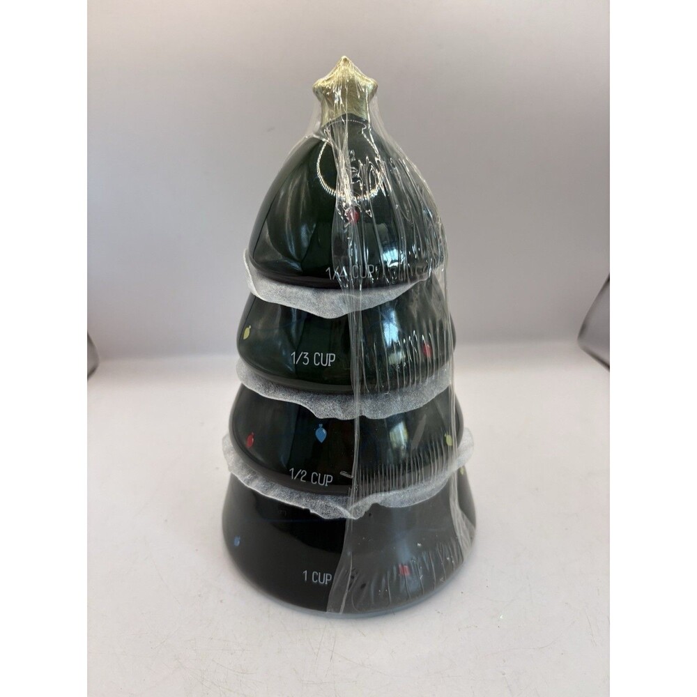Stackable Ceramic Christmas Tree Measuring Cups 1/4 To 1 Cup Green Holiday NEW